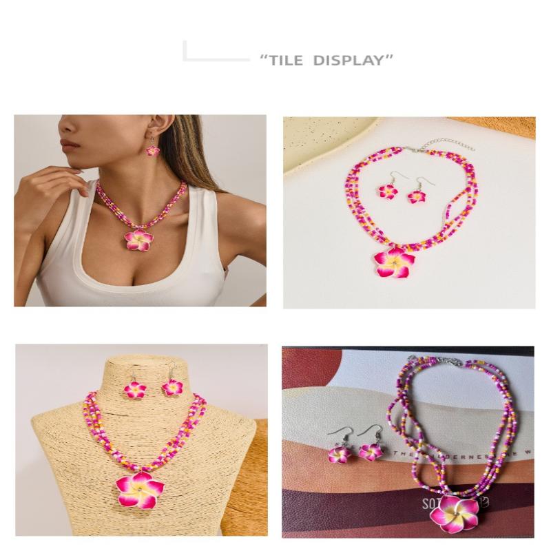 Polymer Clay Flowerwomen Jewelry Set Cute  Seaside Beach Colorful Flower Earrings Girls Sweet Beaded Chain Necklace Girl