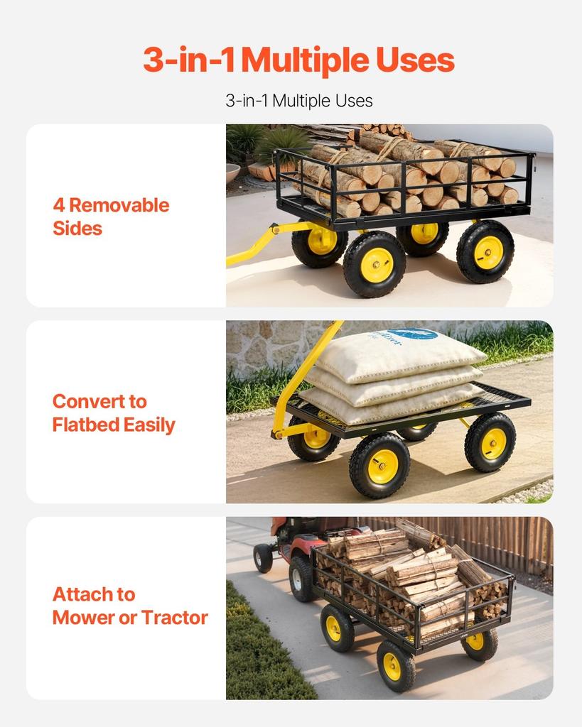 Steel Garden Cart, 544 Kg Heavy Duty Pullable Garden Wagon Yard Cart, 2 In 1 Outdoor Metal Utility Wagon Yard Trailer with 330 Mm All Terrain Tires,