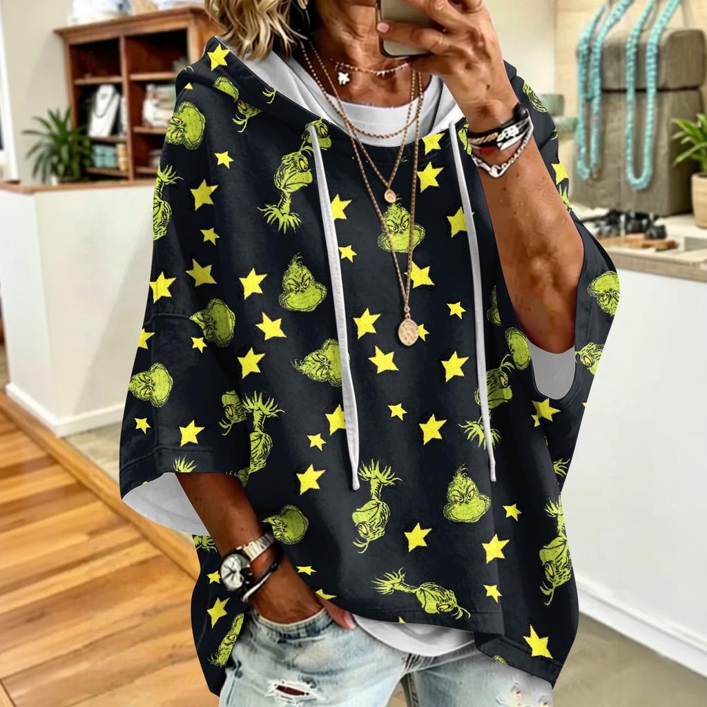 Women's Christmas Print Hooded Sweatshirt with Drawstrings, Loose Fit Casual Pullover Top