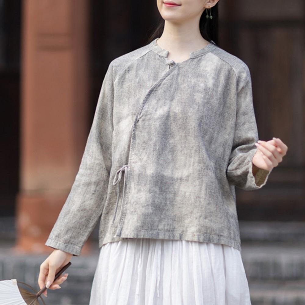 Johnature Women Vintage Shirts Tops Spring Chinese Style Long Sleeve Button Loose Shirts
