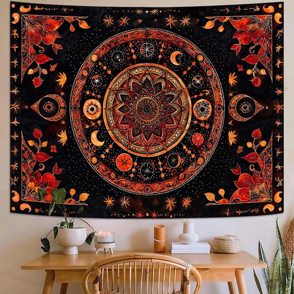 Mandala Moon and Stars Tapestry Boho Tapestry for Bedroom Black and Orange Tapestries Wall Hanging Living Room Wall Art and Home