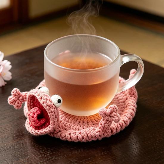 Funny Crochet Lizard Coaster, Handmade Knitted Animal Cup Mat, 3D Flip Design Drink Coaster for Desk, Cute Heat Resistant Table Protector