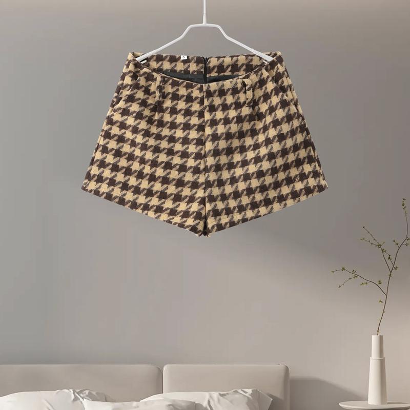 Plaid Short Jacket Shorts Suits Women Vintage Stand Collar Long Sleeve Zipper Coats With High Waist Shorts Street Ladies Outfits