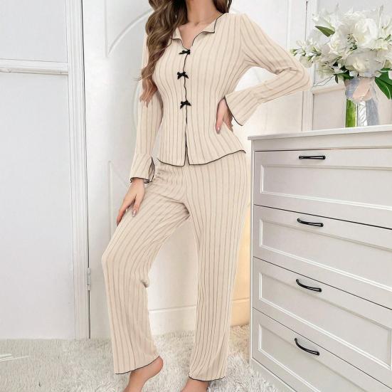 Women's 2 Piece Pajama Set Long-Sleeve Top with Bow And Long Pants Sleepwear Set Casual Fall Loungewear Pjs Set