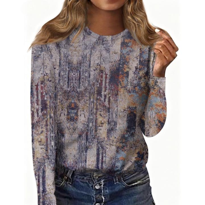 Spring and Autumn Round Neck Retro 3D Printed Top Fashionable Casual Long Sleeved Women's T-shirts