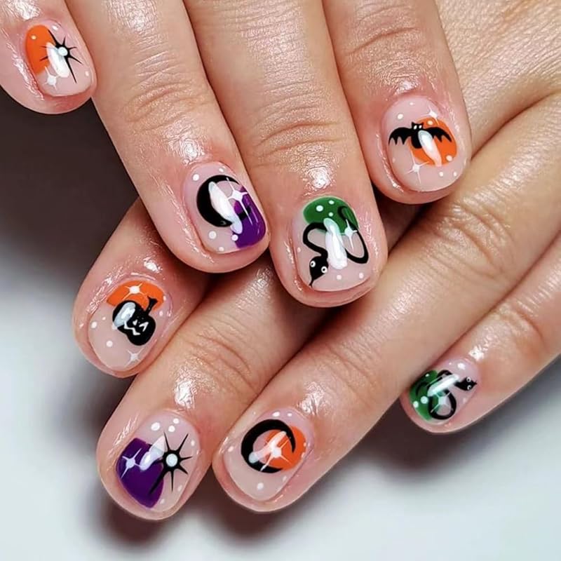 24 Pcs Halloween Press On Nails Short CEWEWP Square Cartoon Fake Nails Mummy Patch Press Ons Nail Tips Orange French Glue On Nails with Terror