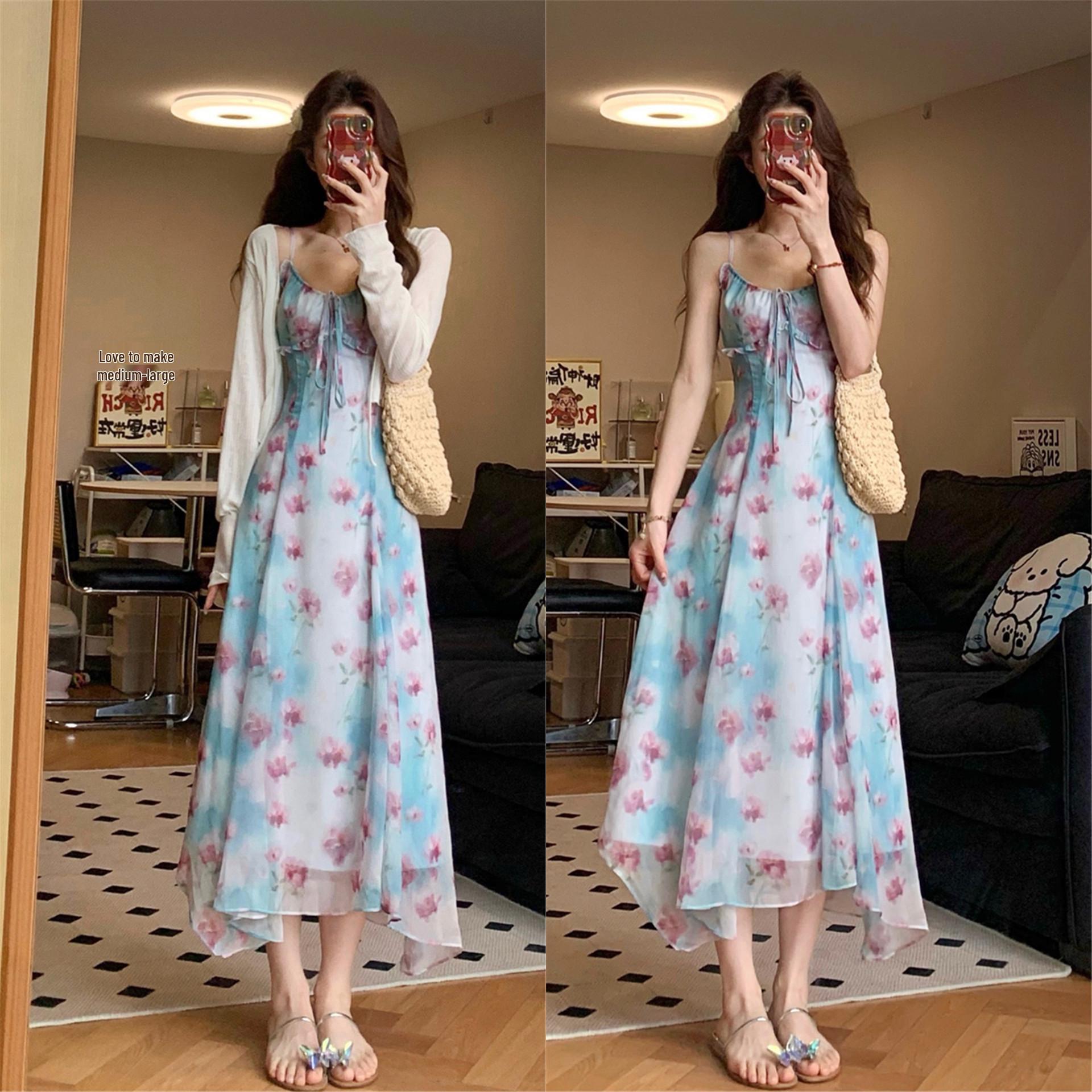 Women s French Blue Floral Spaghetti Strap Maxi Dress - Summer 2026 Seaside Style 4XL