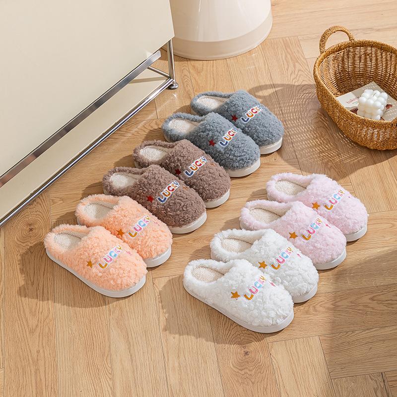 Cotton Slippers Embroidered Autumn and Winter Indoor Home Thick Bottom Warm Piled Couple Hair Slippers