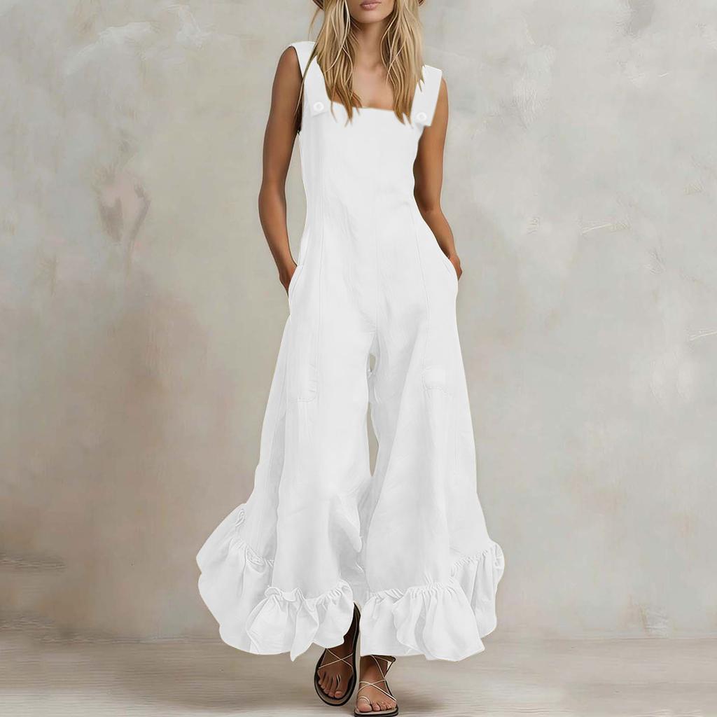 Damen Casual Einfarbiger Jumpsuit Quadratischer Ausschnitt Ärmellos Weiter Bein Rüschensaum Leicht Lockerer Romper