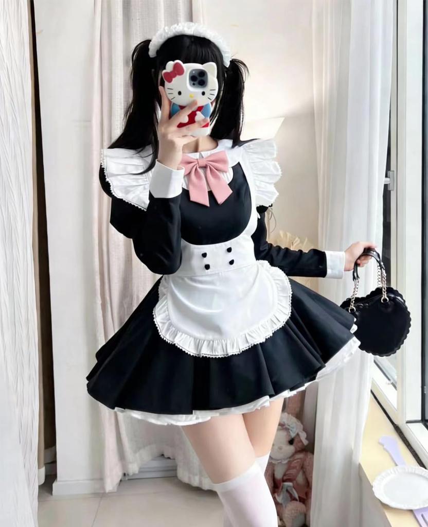 KALAOK Maid Cosplay Long Sleeve Halloween Cute Size 3XL Dress, Uniform, Cafe, Costume, Dress, Black,