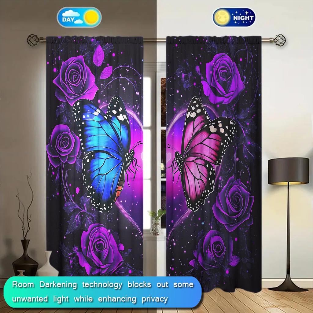 2pcs Purple Butterfly Rose Decorative Curtains   Suitable for Family and Friends   Romantic Ornate Themed Curtains