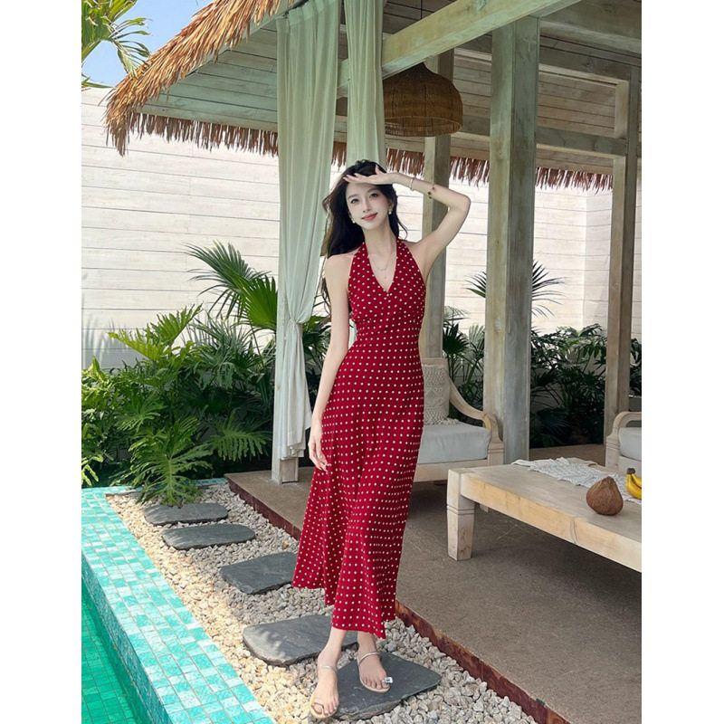 2026 New Retro Plaid Slim-Fit Design Dress, Retro Plaid Halter Neck Elegant Strap Long Dress Trendy Yy8170 Red Polka Dots S