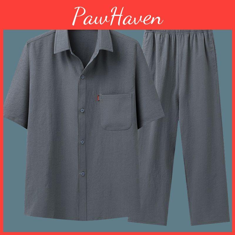 Mens Thin Summer Shortsleeved Shirt Suit Middleaged And Elderly Shirt Loose Grandpa Suit