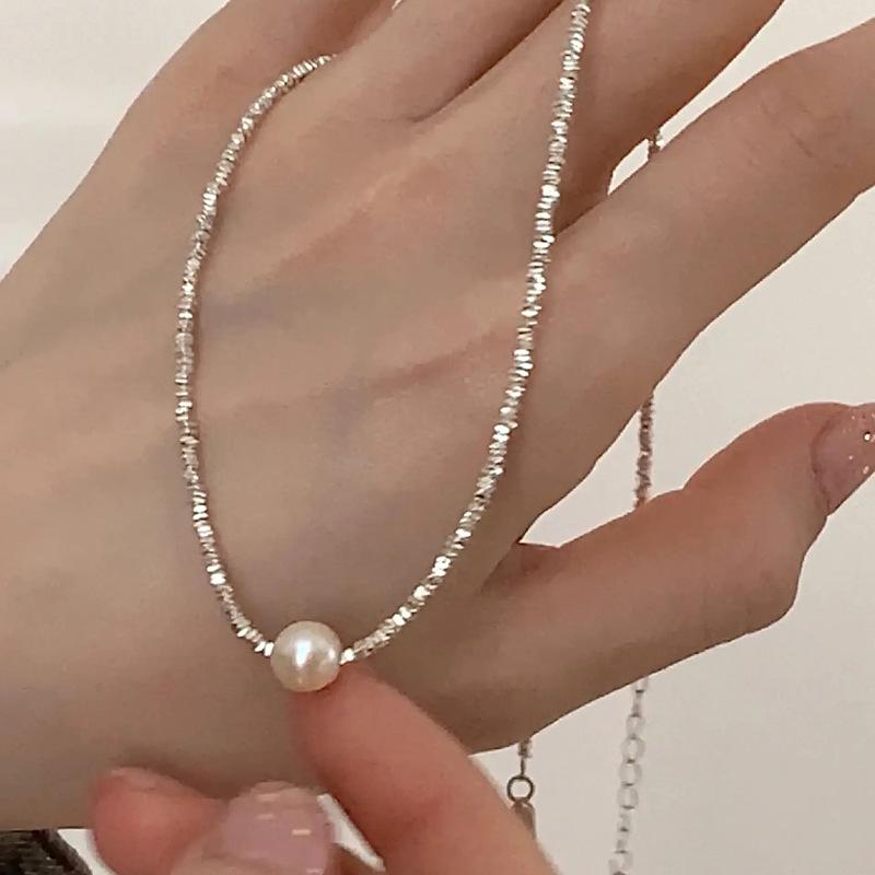 925 Sterling Silver Pearl & Irregular Cube Beaded Necklace Bracelet Set - French Xiaohongshu Style