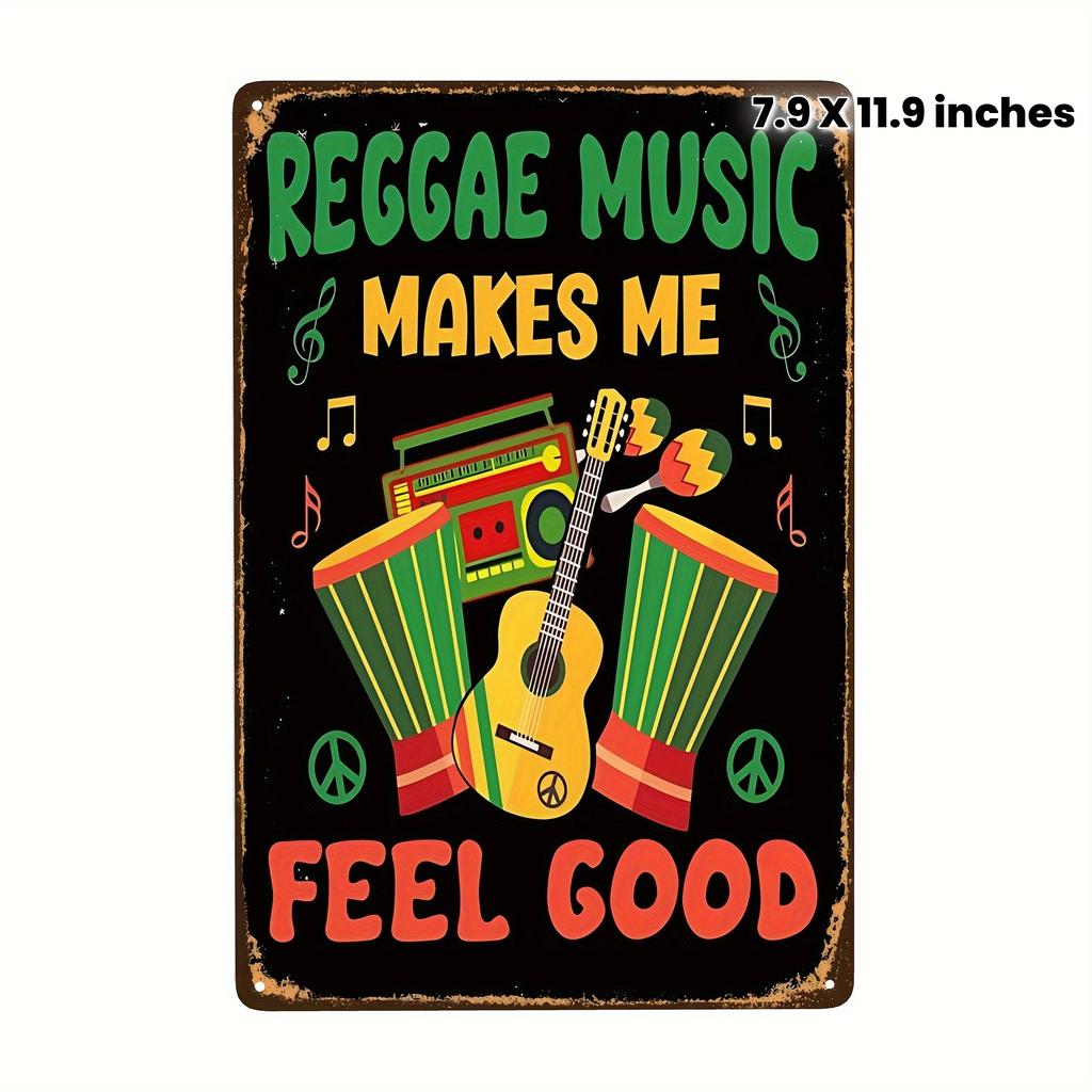 Casual Elegance Vintage Reggae Music Metal Wall Sign Reggae Music Makes Me Feel Good with Guitar Drums Design Waterproo
