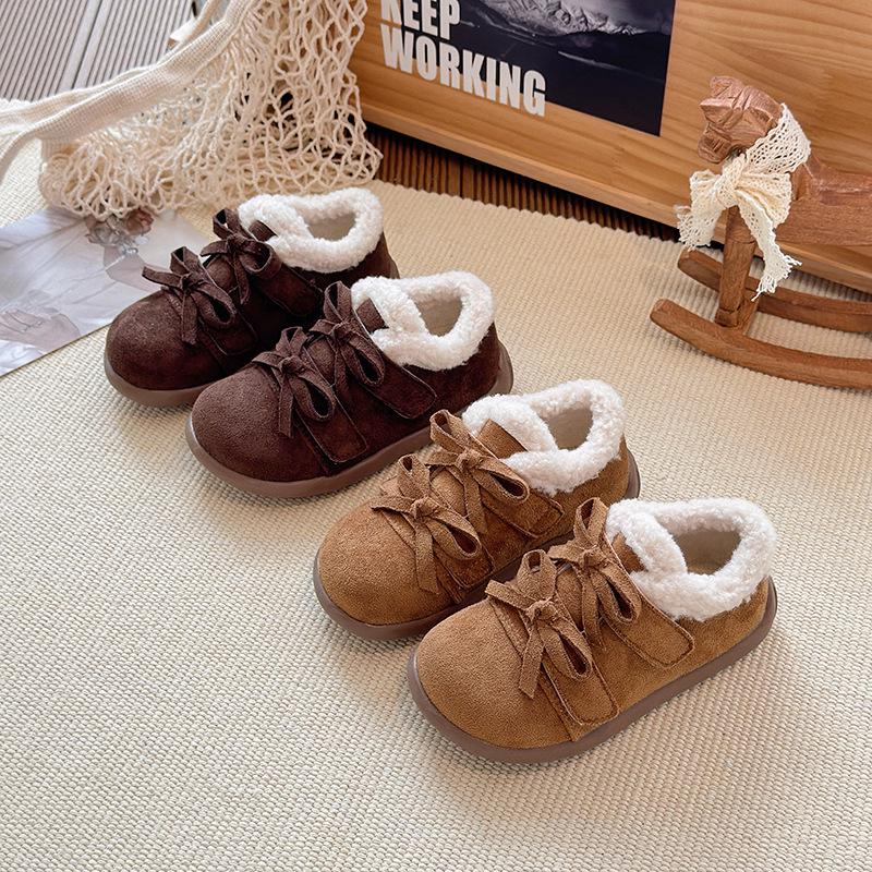 Korean Style Double Bow Furry Winter Shoes for Girls, Ages 1-6, Plus Velvet Cotton.