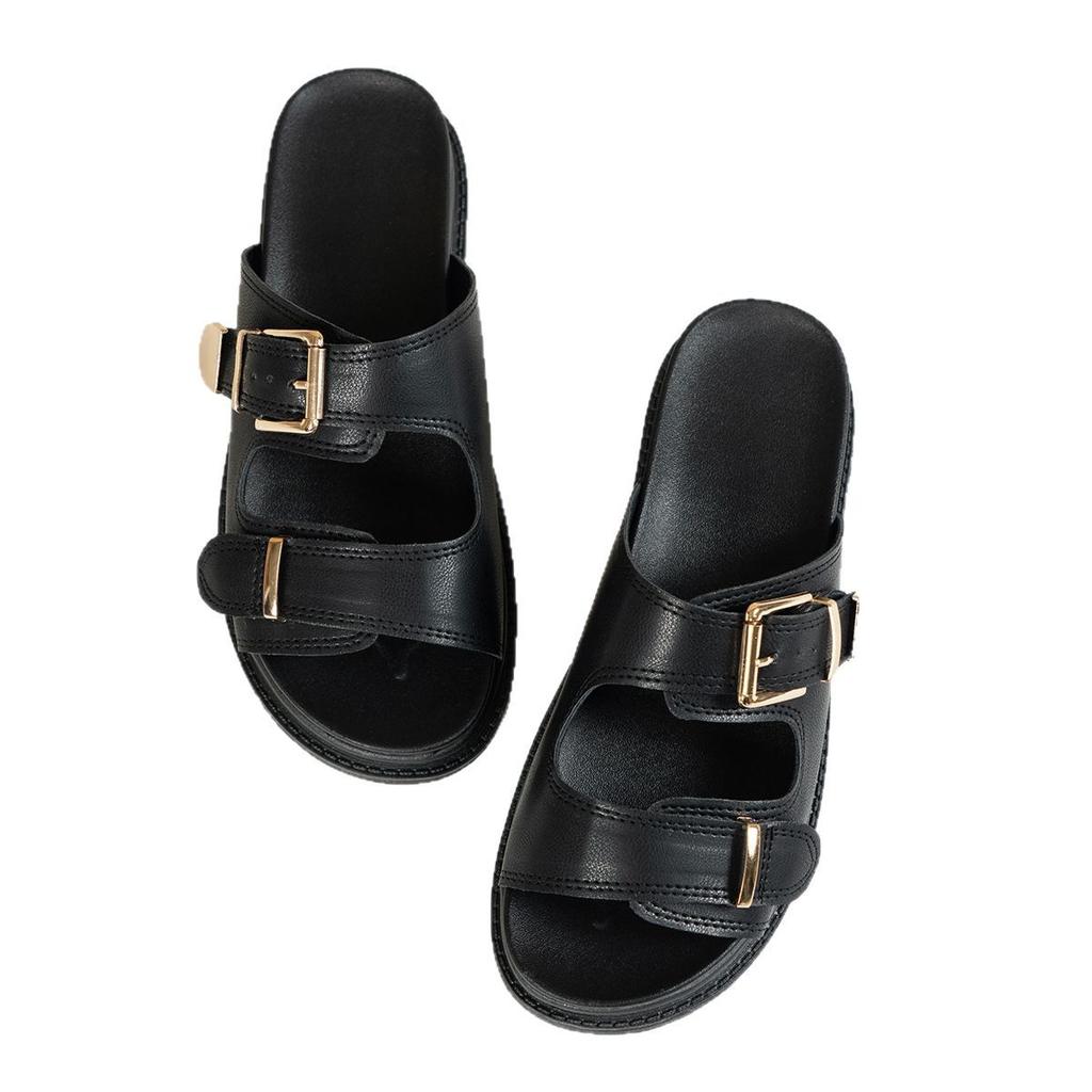 Large size flat-bottomed buckle cool slippers for women's 2025 new fashion outer wear one-character sandals for women