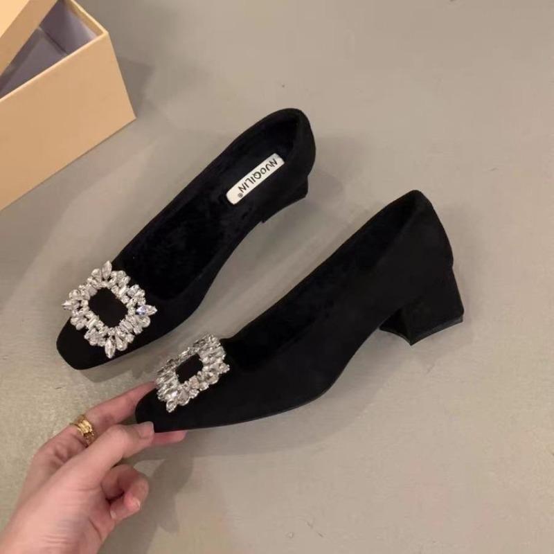 Square head rhinestone single shoes women's thick heel autumn new versatile soft sole not tired feet Mary Jane high heels