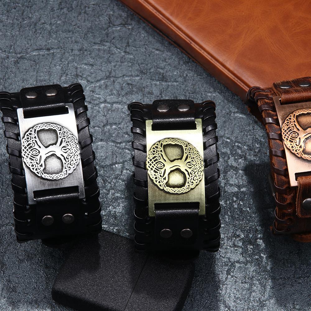 Life Tree Alloy Wide Leather Bracelet Mens Leather Jewelry