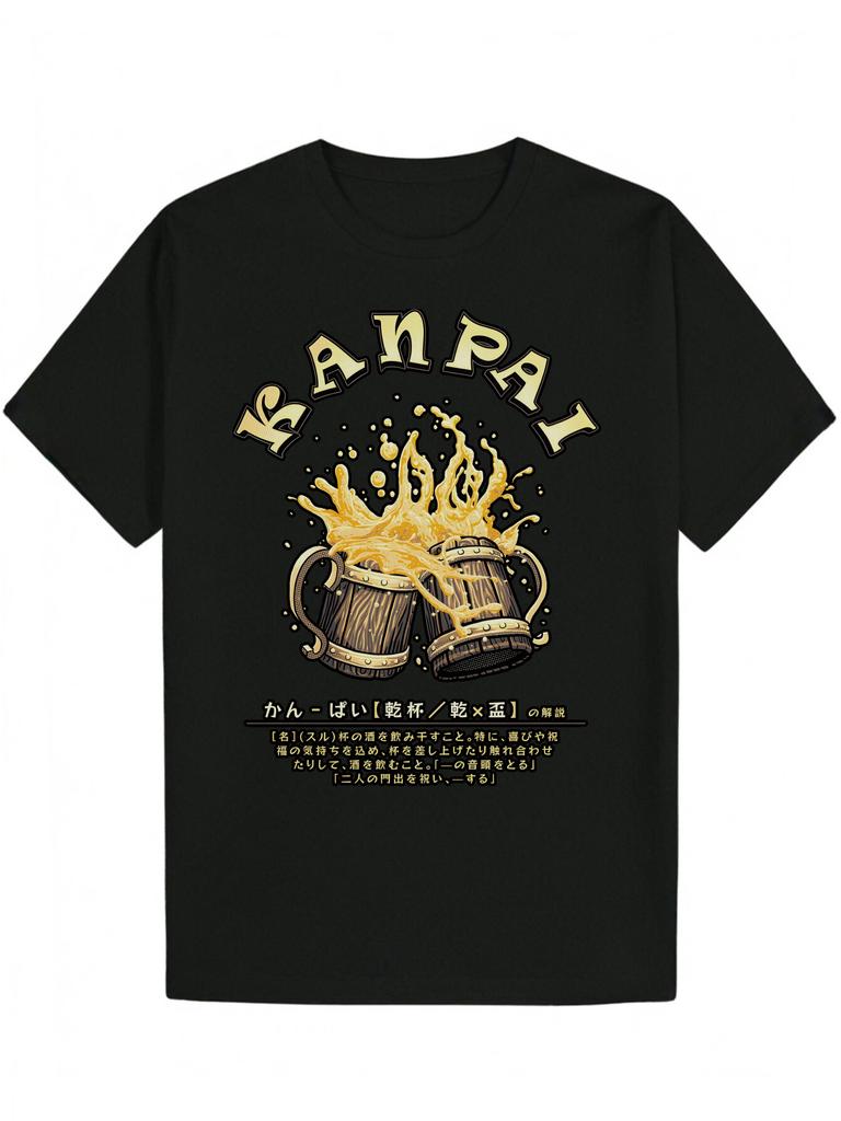 Black Graphic T-shirt - Lightweight Summer Tee with Japanese Beer Mug Design