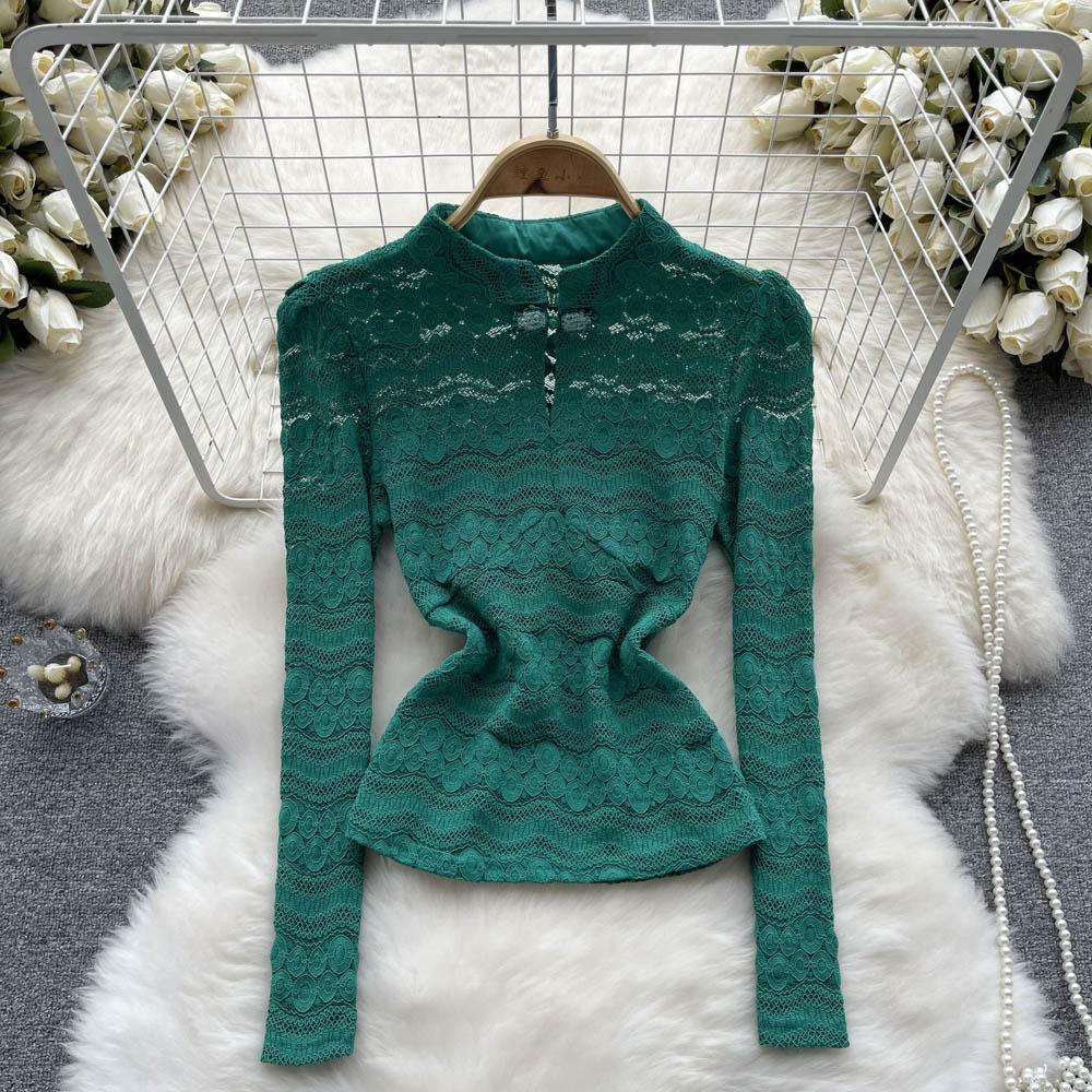 

Осенняя мода с круглым вырезом в западном стиле, модная рубашка для живота, тонкая тонкая кружевная рубашка, топ