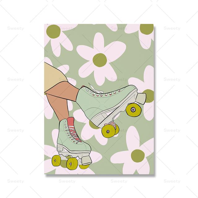 Retro 70s Home Decoration Print Rainbow Skateboard Girl Poster Flower Hippie Car Canvas Painting Bohemian Wall