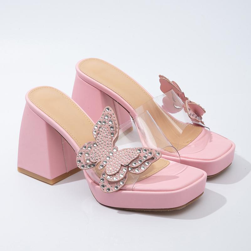 

Жіночі шльопанці з квадратним носком і товстим високим каблуком, прозорі тапочки на платформі, жіноче модне взуття, літо, рожево-зелений 41 39 рожевий