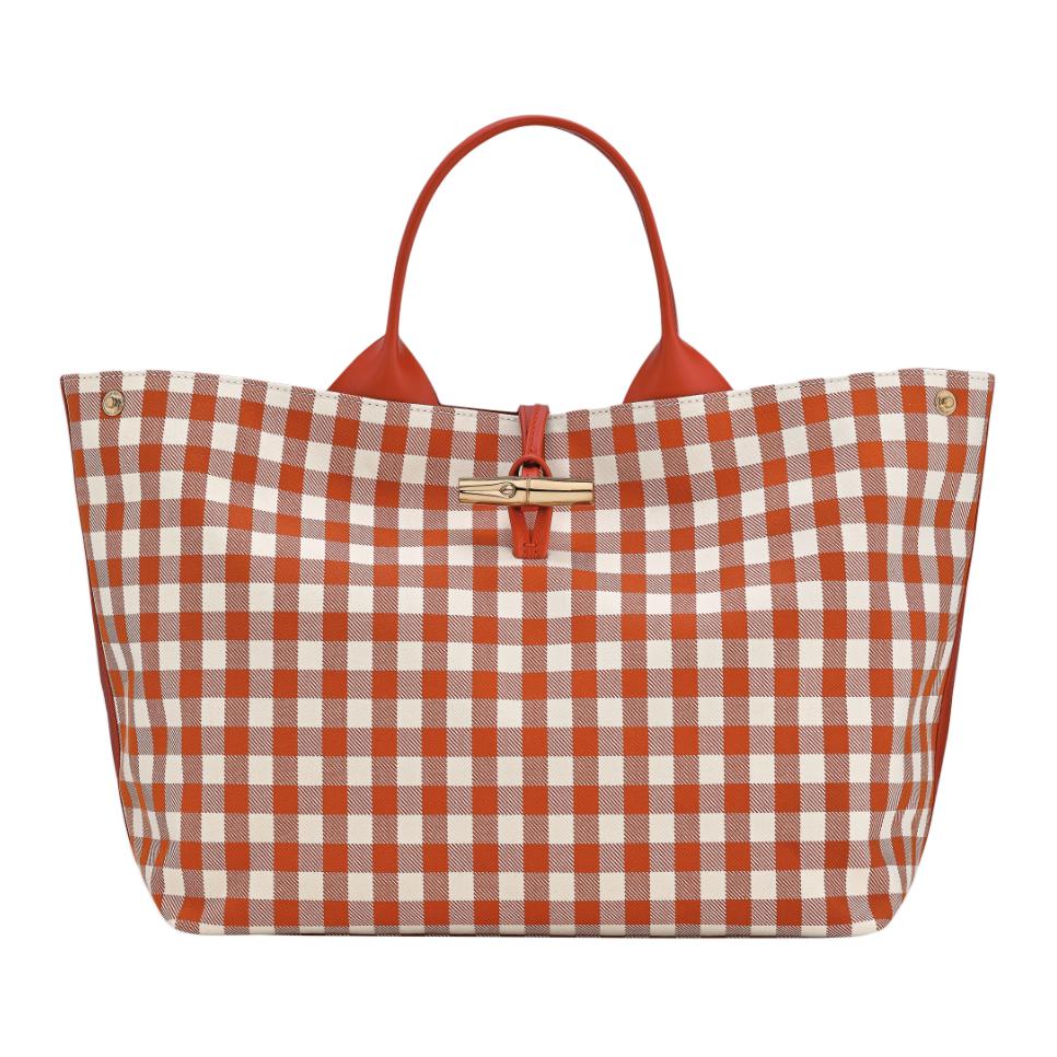 

Longchamp Le Roseau Check Print Bamboo Buckle Design Cotton Blend Canvas Tote Bag Women Tote Red White 10290HGMM11 Basic Set (Bag)