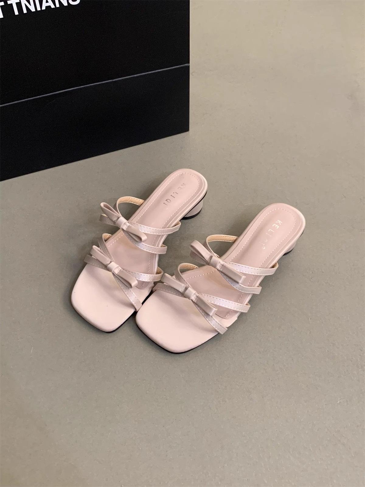 

One word with bow open-toed square head thick heel silver half slippers women s summer wedge slippers with skirt 39