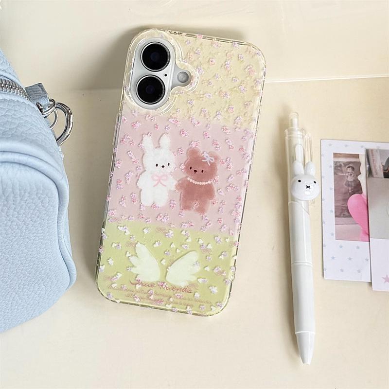 Pink Flowers & Bear Rabbit iPhone Case for 17, 16 Pro Max, 15, 14