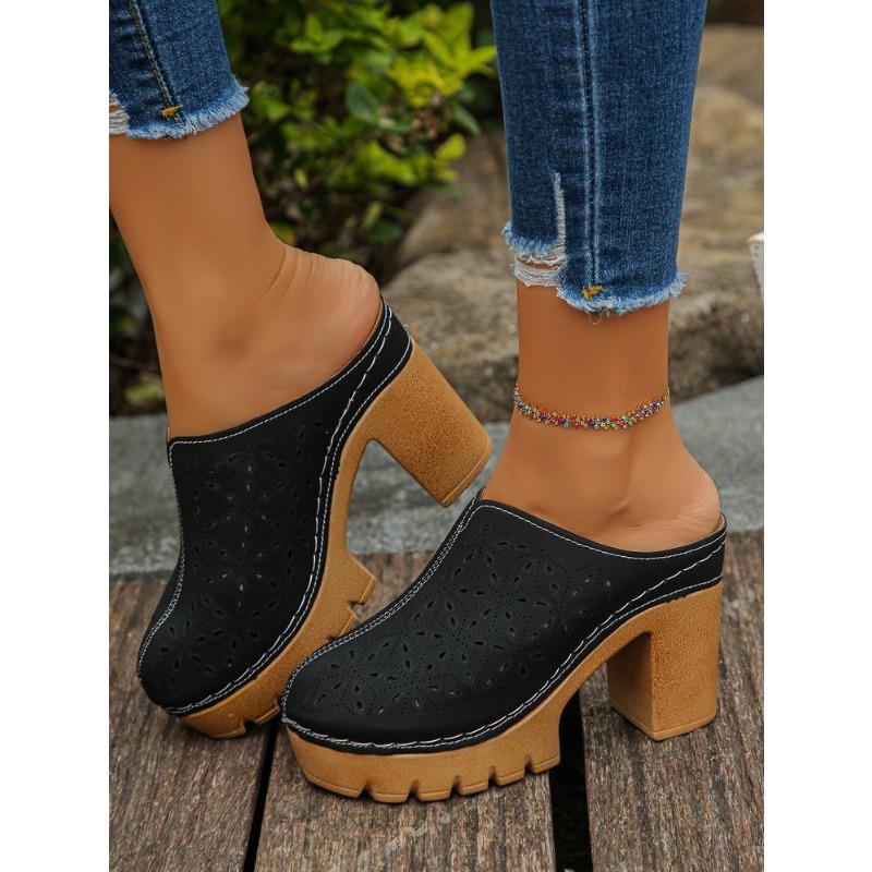 Damen Übergröße Wildleder High Heel Pantoletten Sommer Europäisch Amerikanischer Stil Geschnitzt Hohl Geschlossene Zehen Dick Blockabsatz
