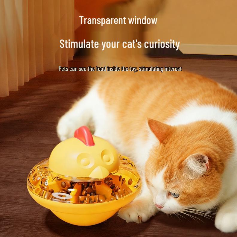 Yellow Chicken Pet Feeder: Automatic Self-Entertainment Toy with Freeze-Dried Treats for Cats and Dogs.