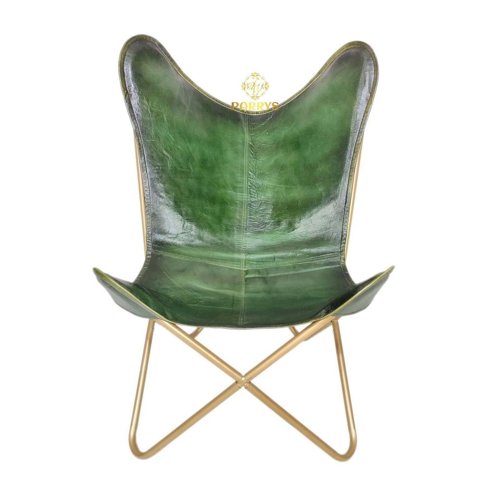 Green Leather Butterfly Chair & Ottoman - Handmade Relaxing Chair/Stool