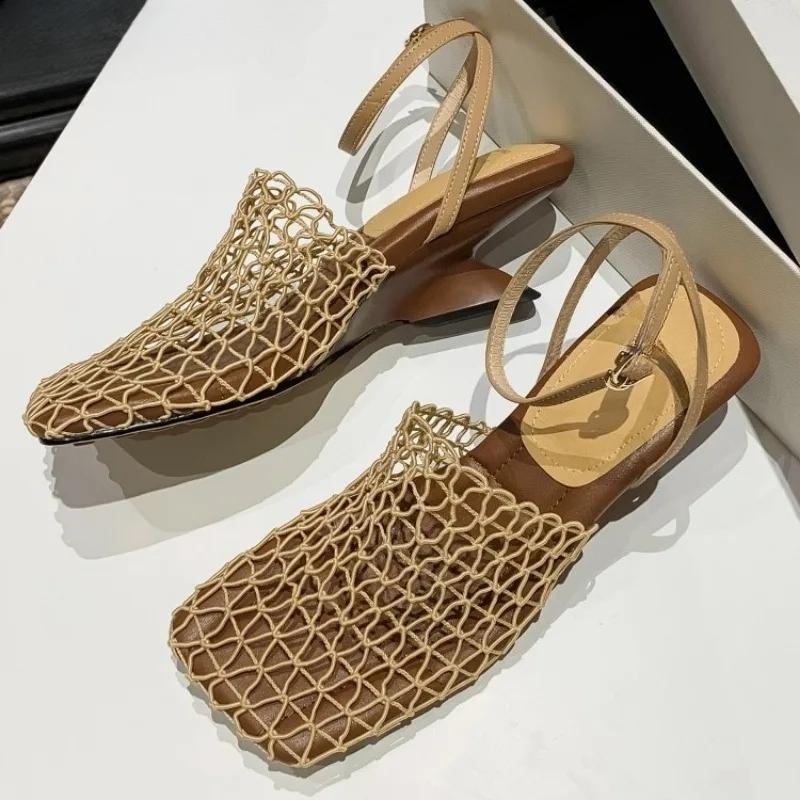 Weave Mesh Women Heeled Sandals Gladiator Hollow High Heels Shoes 2026 Summer Square Toe Slingback Trend Beach Vacation Footwear