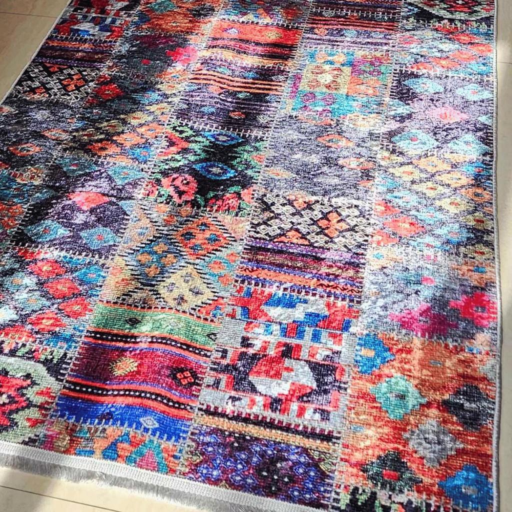 Patchwork Desenli Halı - Otantik Kilim Modeli, Kaymaz Taban Kilim, Yıkanabilir Yolluk, Renkli Halı, Koridor Halısı