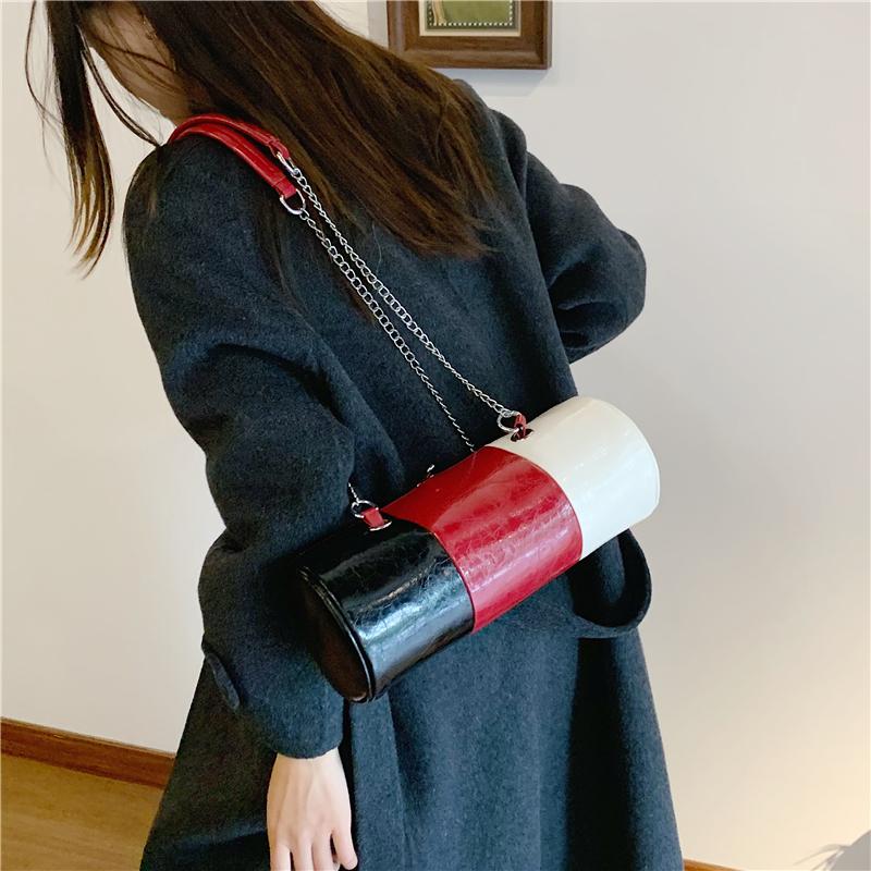 Bolsos de Hombro con Cadena de Moda Para Mujer Color de Contraste Cuero Pu Bolso de Mano Costura Tricolor Bolso Cilíndrico Casual Pequeña Capacidad Bolso Cruzado