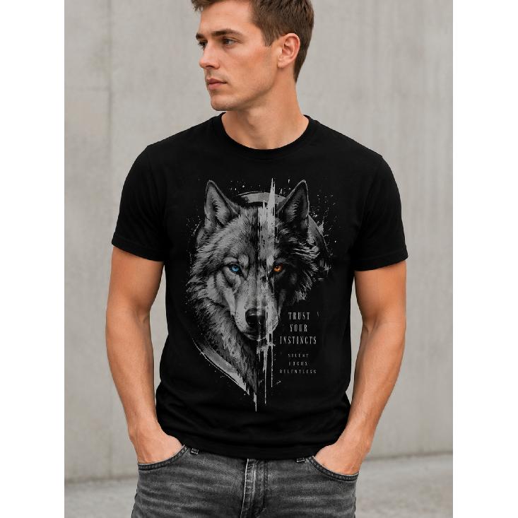 Men's Black Short-sleeve Crew Neck T-shirt with Split-face Wolf Graphic and Motivational Text, Soft Cotton Feel, Casual Streetwear Fit for Everyday