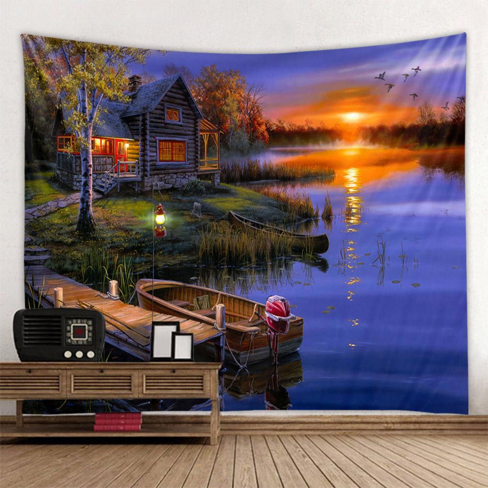 Landscape oil painting tapestry wall hanging forest yoga bed sheet blanket bedroom living room home decoration background poster