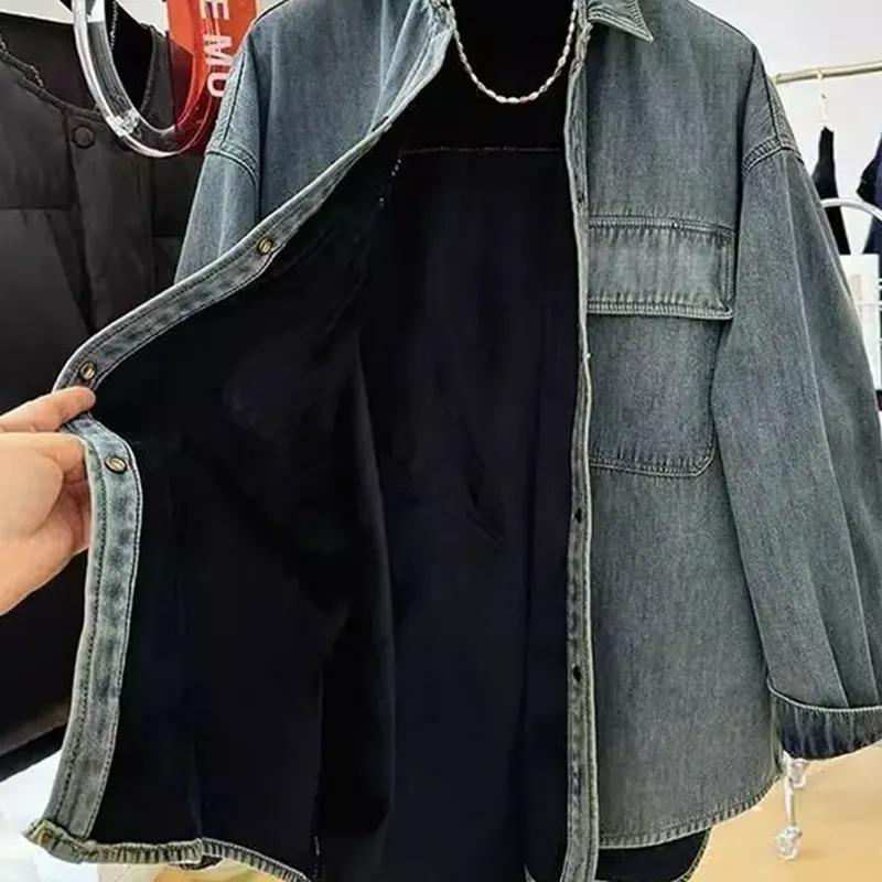 Jean Women Cotton Jacket Fleece-lined Collared Oversized Loose Casual Coat Top