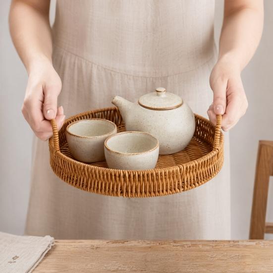 Imitation Rattan Fruit Basket, Round Rattan Tray, Steamed Bread Basket, Food Storage Basket, Eco-Friendly Kitchen Organizer, Farmhouse Home Decor