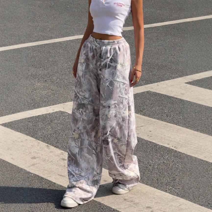 2025 Teen Fashion Camouflage Print Elastic Waist Wide-Leg Pants