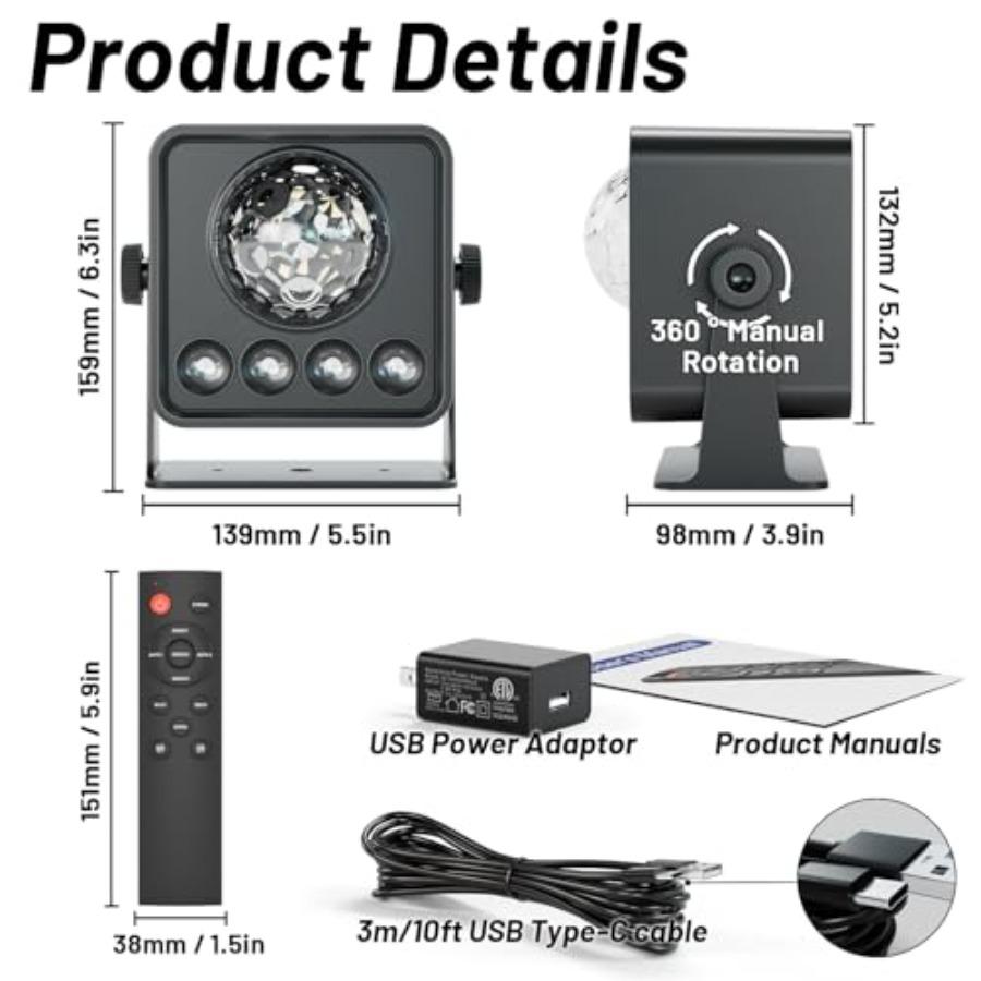 Disco Ball Party Lights Disco Light Sunset Lamp Projector with RGB UV White YGB Sound Activated LED DJ Strobe Stage Light for H