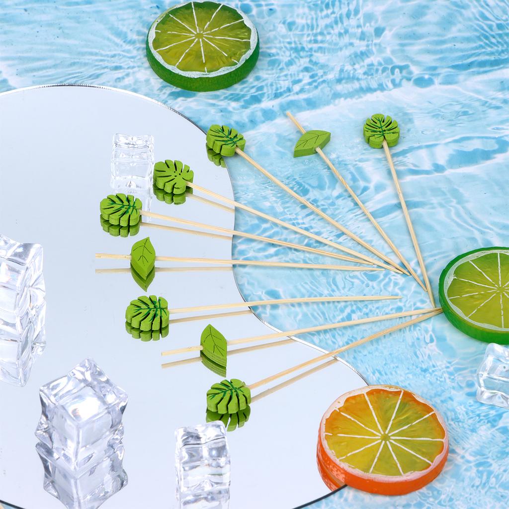 200Pcs Disposable Green Leaf Cocktail Picks Plam Leaf Handmade Toothpicks Bamboo