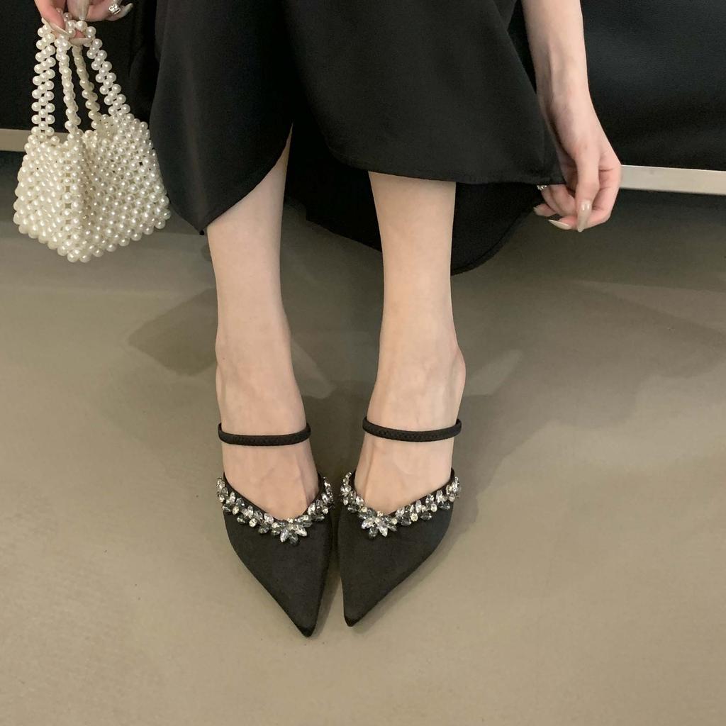 Half-tow high heels autumn rhinestone thin heel champagne one-word with pointed toes and high-heeled slippers