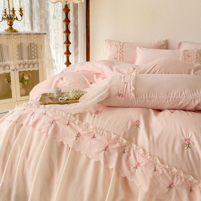 Ins Princess Style Bedding Sets Ruffle Lace Bow Quilt Cover Romantic Bedclothes Decor Woman Girls Bedroom Duvet Cover 4pcs