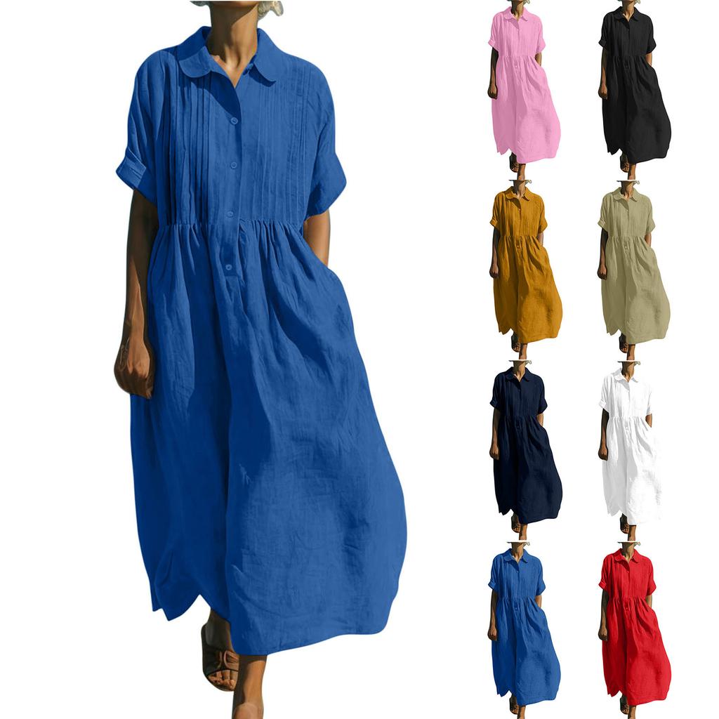 European and American New Women's Long Dress Casual Loose Lapel Button Pleated Short Sleeve Cotton and Linen Dress Women
