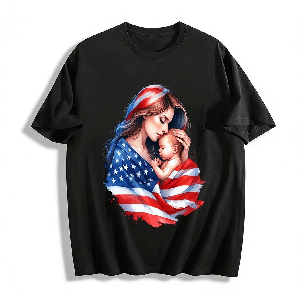 American Mother And Baby Flag Print Casual Top Pure cotton T-shirt XXS