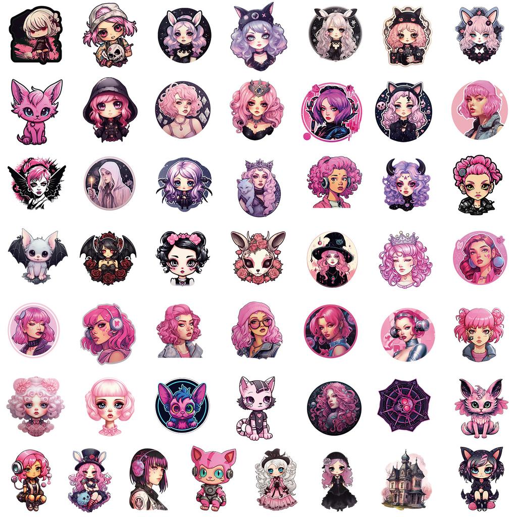 50 Sheets of Pastel Gothic Girl Stickers Skateboard Suitcase Mobile Phone Decoration Stickers Waterproof Creative Stationery Stickers