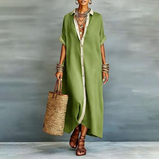 Sommer-Maxikleid für Damen Knopfleiste Kurzarm Tunika-Hemdkleid Lässig Reise Urlaub Locker Lang