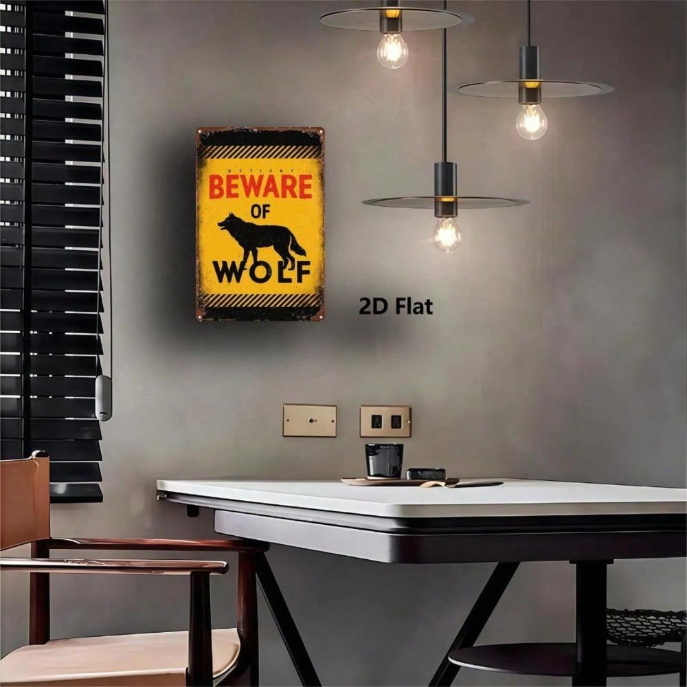 Vibrant Yellow Wolf Warning Sign, Black Outline Wall Art, 8x12 Inch, Easy Mounting, Tin Decor